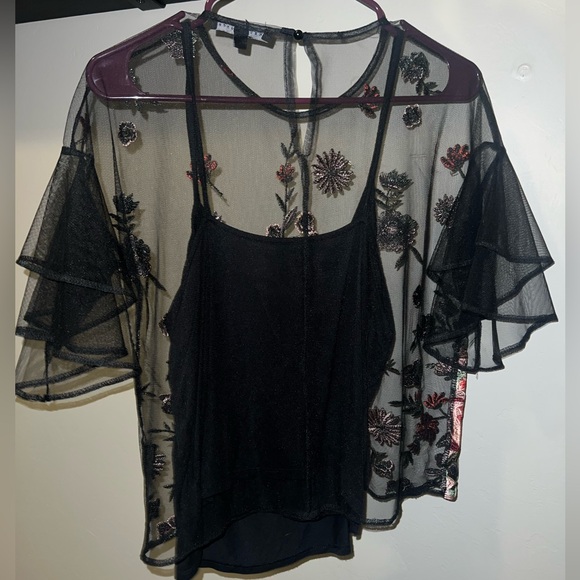 Black Sheer Top with Floral Embroidery - Picture 4 of 5